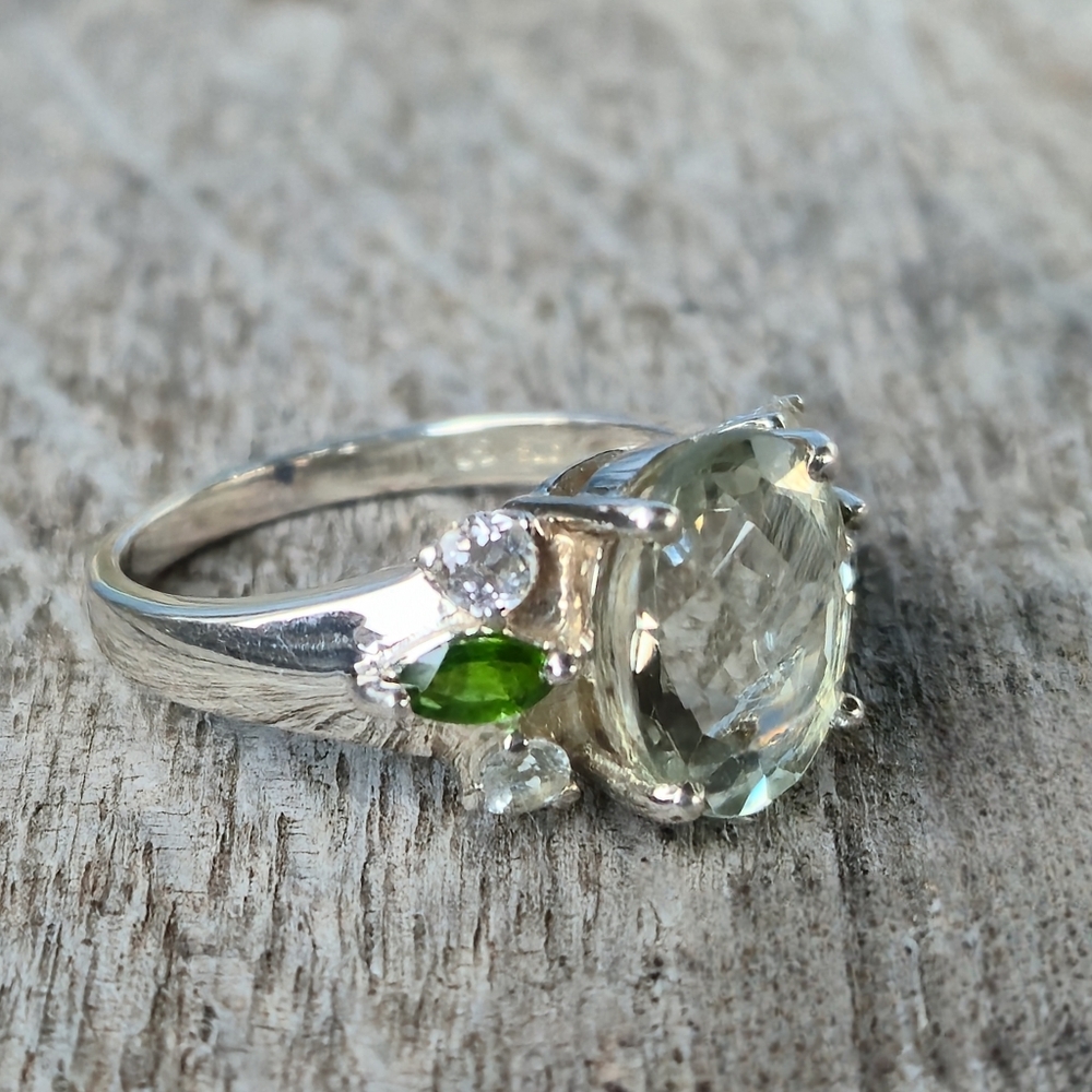 925 Sterling Silver Prasiolite Chrome Diopside White Topaz Designer Sz 9 Ring 💍 - Picture 3 of 16